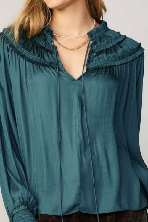 Long-Sleeve Split Neck Self-Tie Blouse With Ruffle