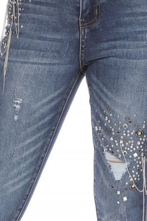 Embellished high rise 5 pocket distressed denim skinny jeans