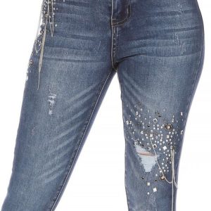 Embellished high rise 5 pocket distressed denim skinny jeans