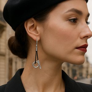 Dangle black leather silver wrap circle