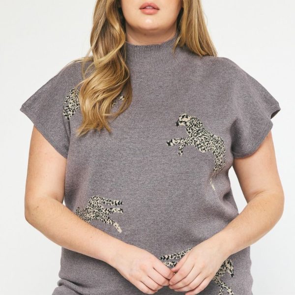 Leopard print mock neck short sleeve cropped sweater