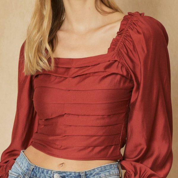 Square ruffle neck long sleeve crop top
