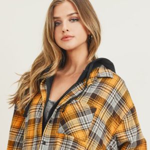Frayed Hem Oversized Flannel W Hoodie