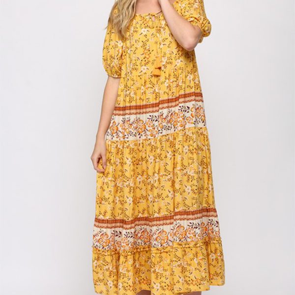 Border & Floral Prints Mixed Maxi Dress with Tassel Tie