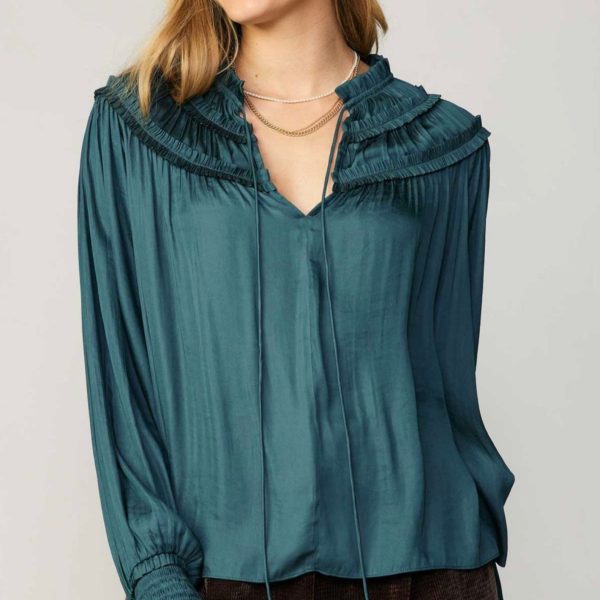 LONG-SLEEVE SPLIT NECK SELF-TIE BLOUSE WITH RUFFLE