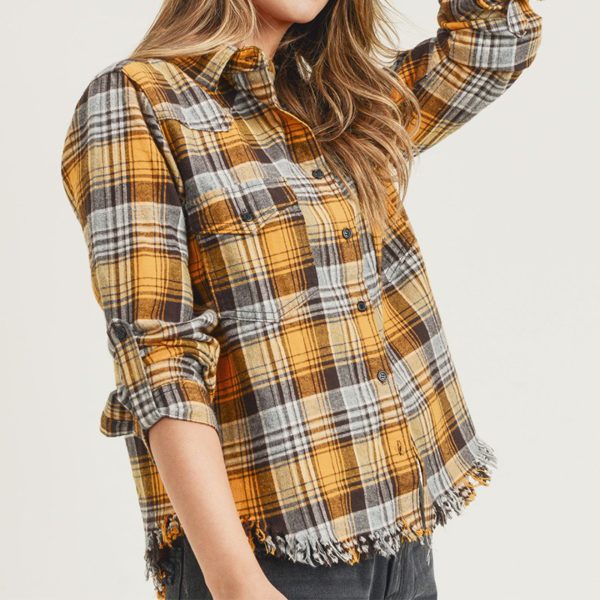 PLAID FRAYED HEM SHIRT