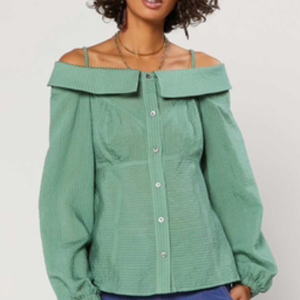 Long Sleeve Cold Shoulder Button Up Blouse