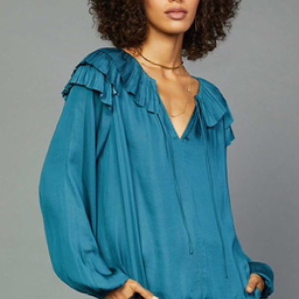 LONG SLEEVE SPLIT NECK BLOUSE - Teal Blue