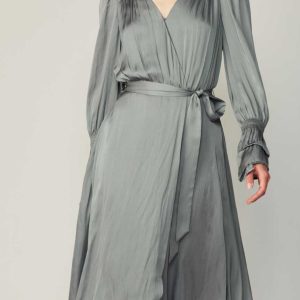 V-Neck Silky Wrap Midi Dress
