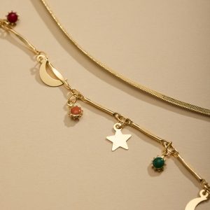 2 Row herringbone chain sun moon star charms necklace - Image 5