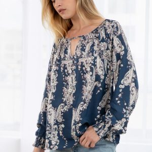 Navy Floral Print Blouson Sleeve Blouse - Image 6