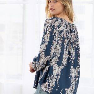 Navy Floral Print Blouson Sleeve Blouse - Image 5