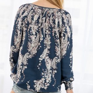 Navy Floral Print Blouson Sleeve Blouse - Image 4