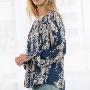 Navy Floral Print Blouson Sleeve Blouse - Image 2