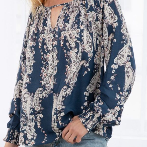 Navy Floral Print Blouson Sleeve Blouse