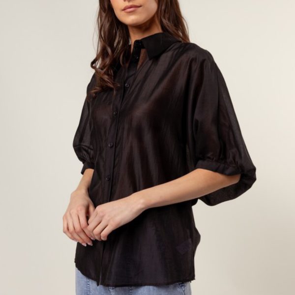 Button Down Blouse With Ruched Keyhole Detail