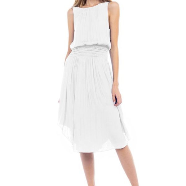 Smocked Flared Midi Dress - Off White