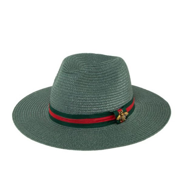 Bee Decorated Green And Red Band Straw Fedora Hat