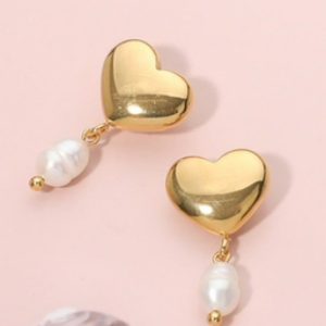 Stainless Steel Heart Pearl Dangle Earrings