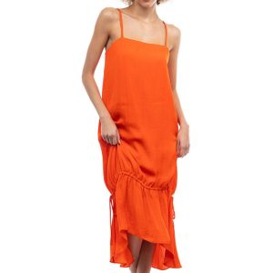 Square Neck Drawstring Midi Dress - Spicy Orange