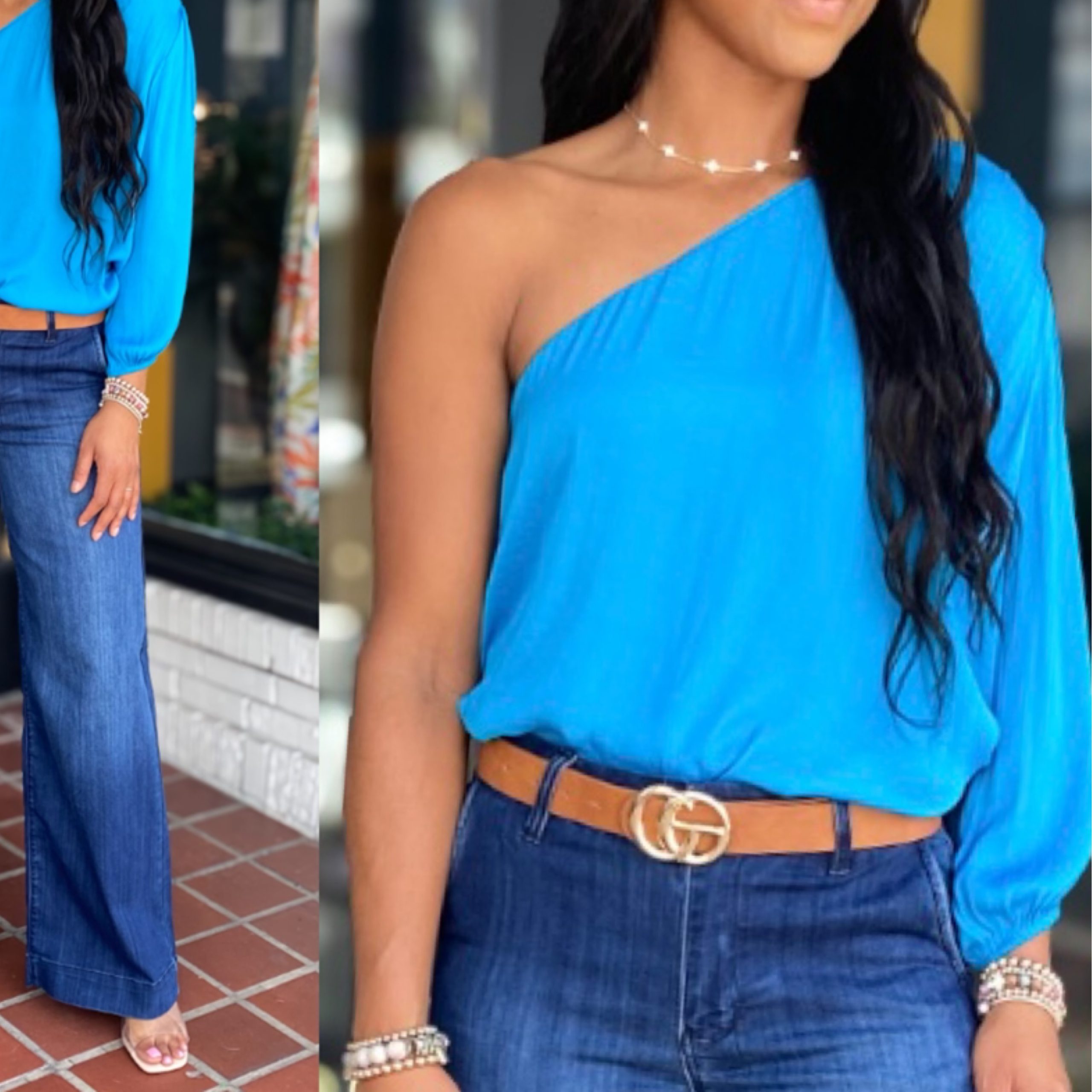 One Shoulder Balloon Cut Out Sleeve Top