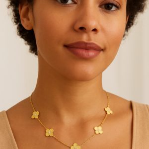 Gold Necklace With 5 Clover Flowers & Clear CZ 16’