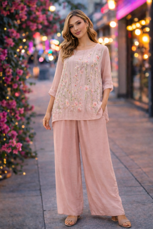 Dusty Blush Embroidered Silk Palazzo Pants