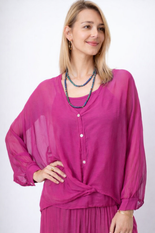 Italian Silk Button-Front Blouse with Twist Hem – Fuchsia