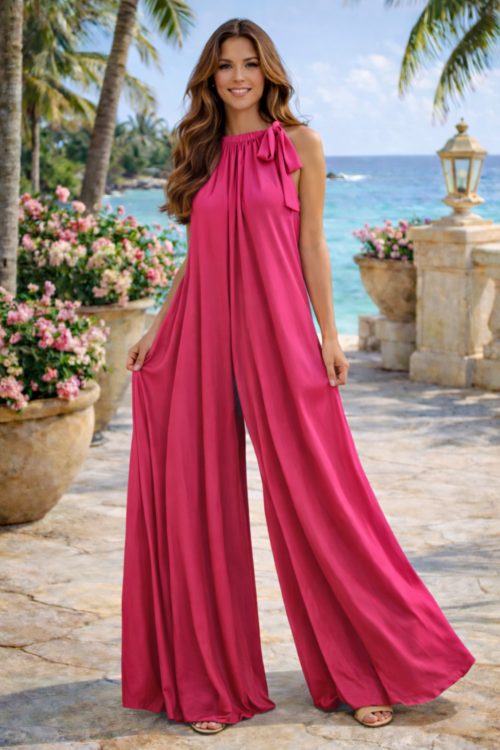 Italian Satin Wide-Leg Jumpsuit – Fuchsia