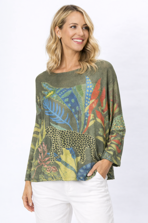 Luxury Italian Olive Leopard & Botanical Knit Sweater