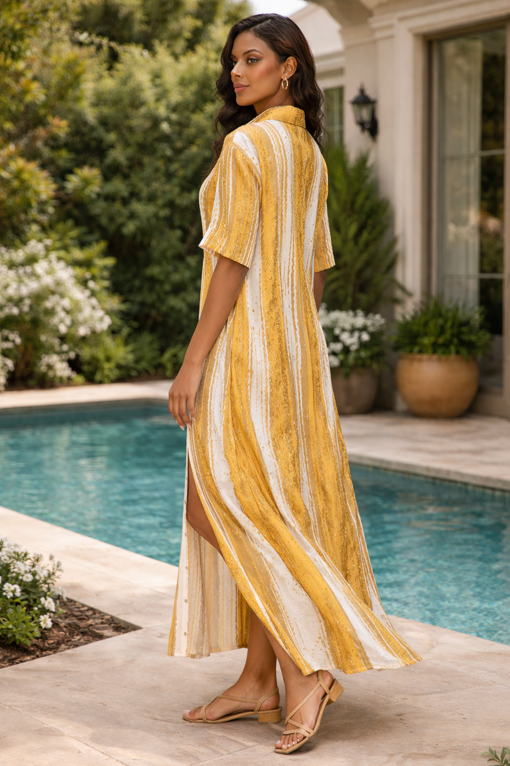 Golden Stripe Linen Button-Front Maxi Dress