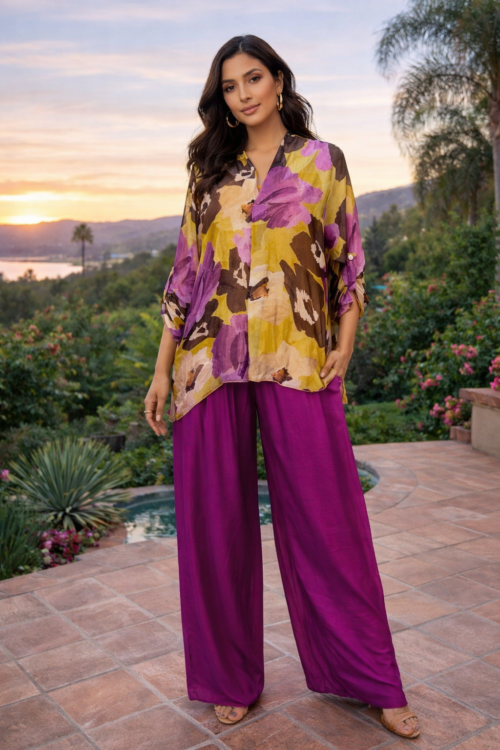 Amalfi Garden Silk Magenta Palazzo Pants