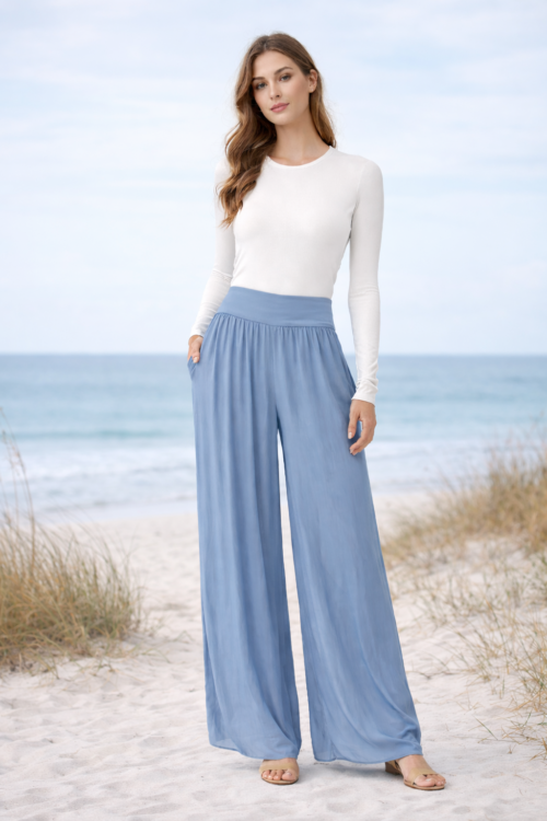 Sky Blue Silk Palazzo Pants – Lightweight Wide-Leg Luxury Trousers