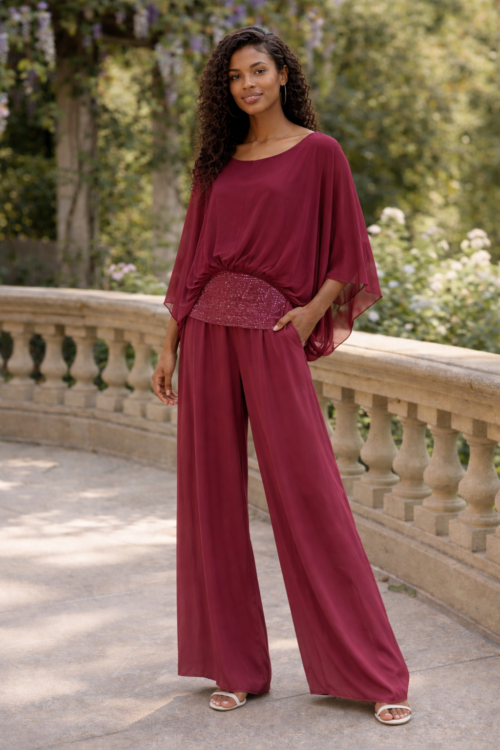 Burgundy Silk Batwing Top with Sequin Waistband – Flowy Elegant Blouse