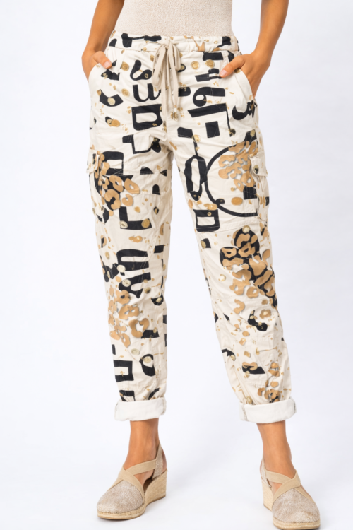Italian Abstract Print Cargo Jogger Pants with Gold Foil Detail