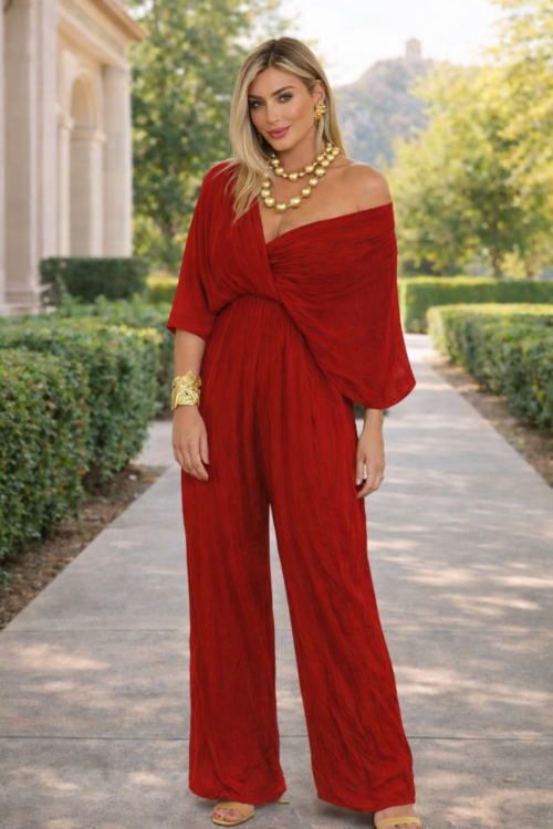 Athena Red Silk Tie-Back Jumpsuit