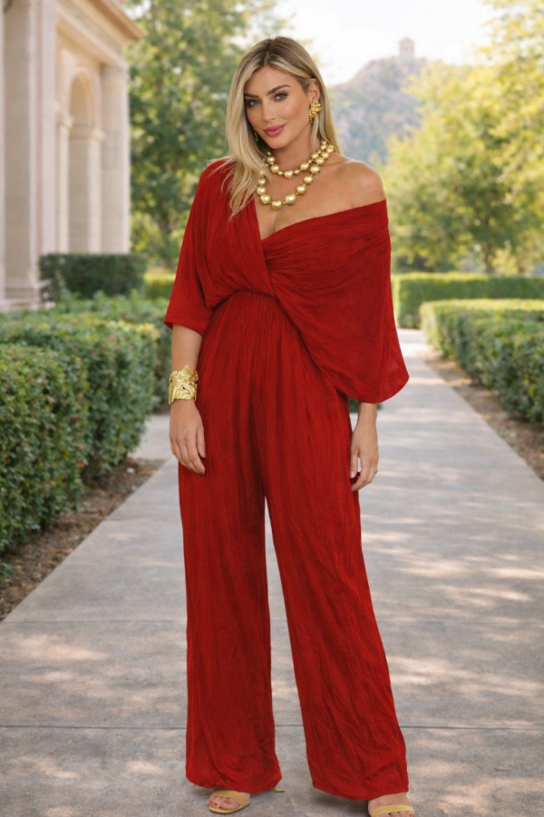Athena Red Silk Tie-Back Jumpsuit