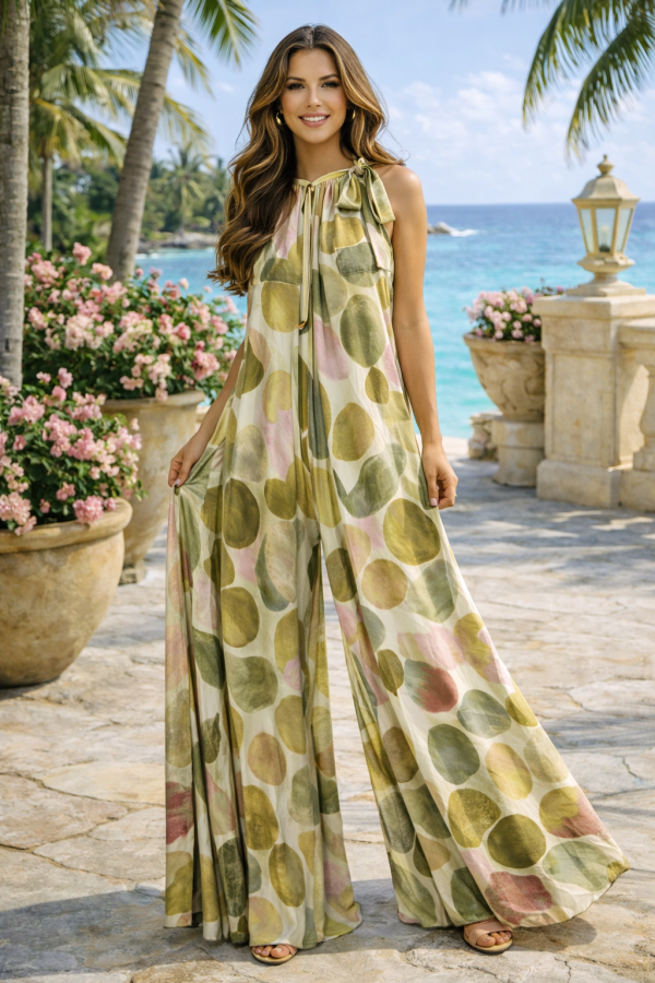 Italian Satin Polka Dot Wide-Leg Olive Jumpsuit