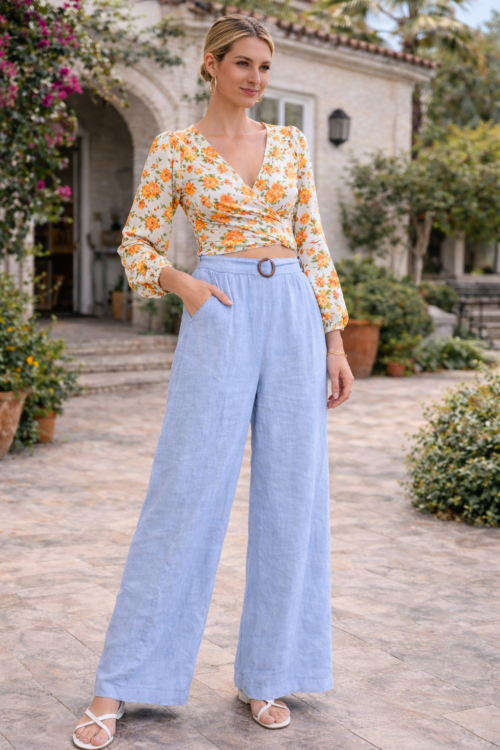 Luxe Coastal Linen Wide-Leg Pants with Utility Pocket