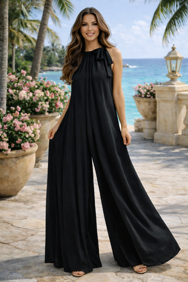 Italian Satin Wide-Leg Jumpsuit – Classic Black