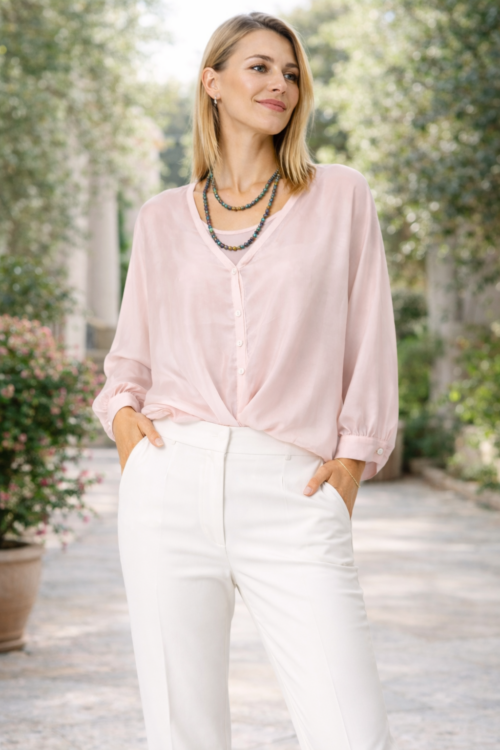 Blush Italian Silk Twist-Front Blouse