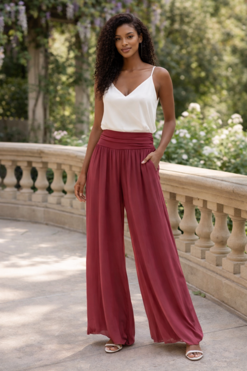 Burgundy Silk Wide-Leg Palazzo Pants – High-Waisted Flowing Trousersb