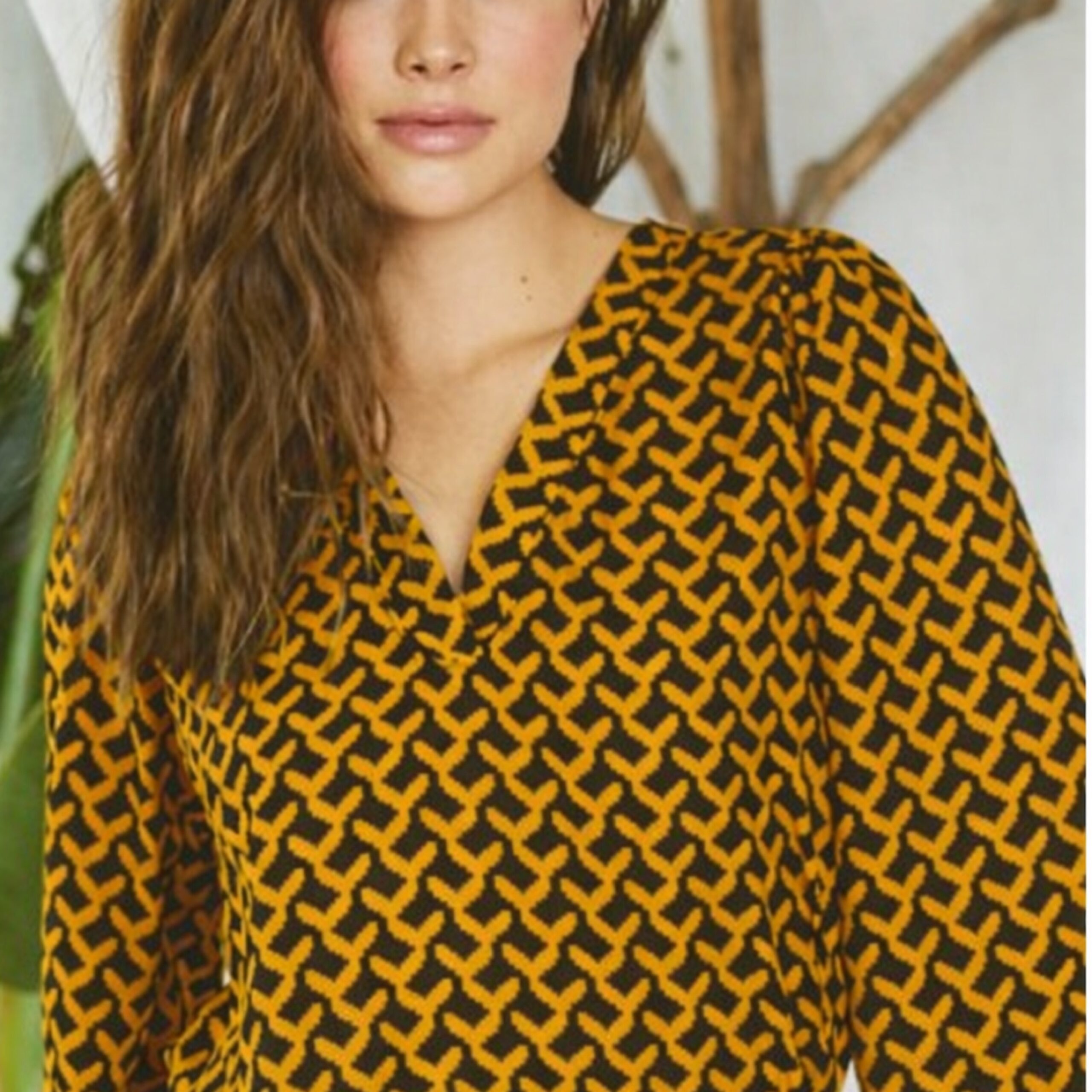 Royal Multi Printed V Neck Long Sleeves Top