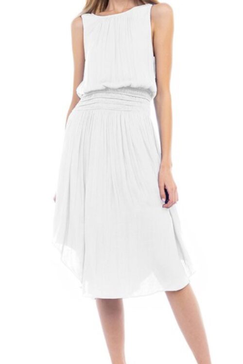 Smocked Flared Midi Dress - Off White
