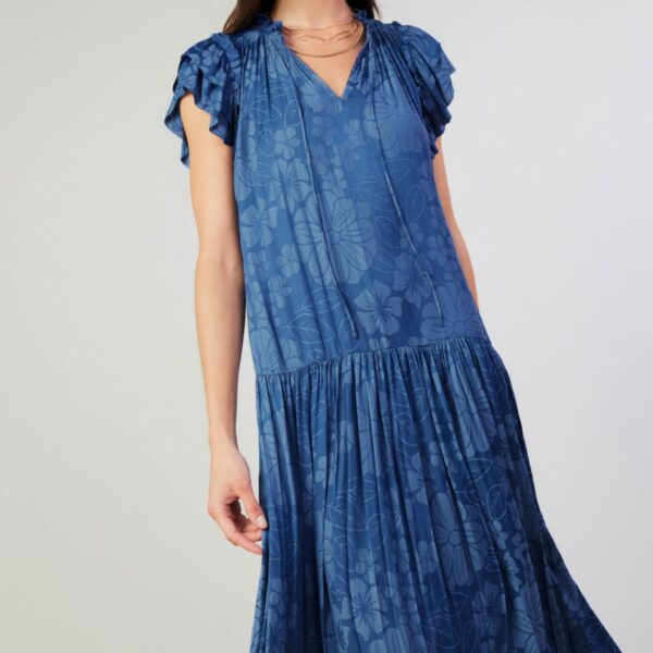 Ditsy Jacquard Split Ruffled Neck With Tie Dropped Waist Midi Dress