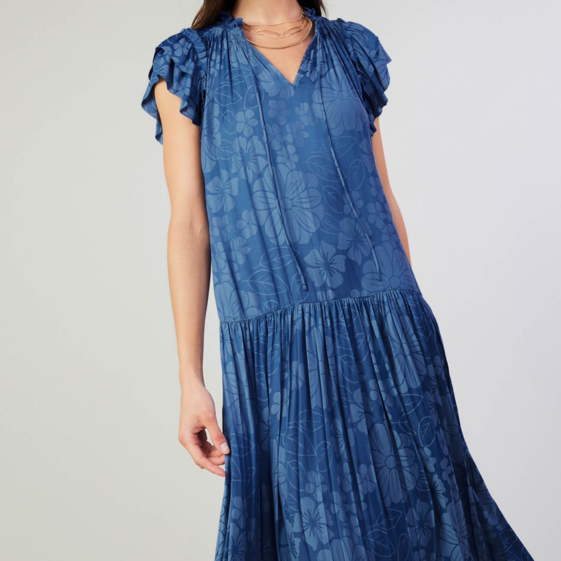 Ditsy Jacquard Split Ruffled Neck With Tie Dropped Waist Midi Dress