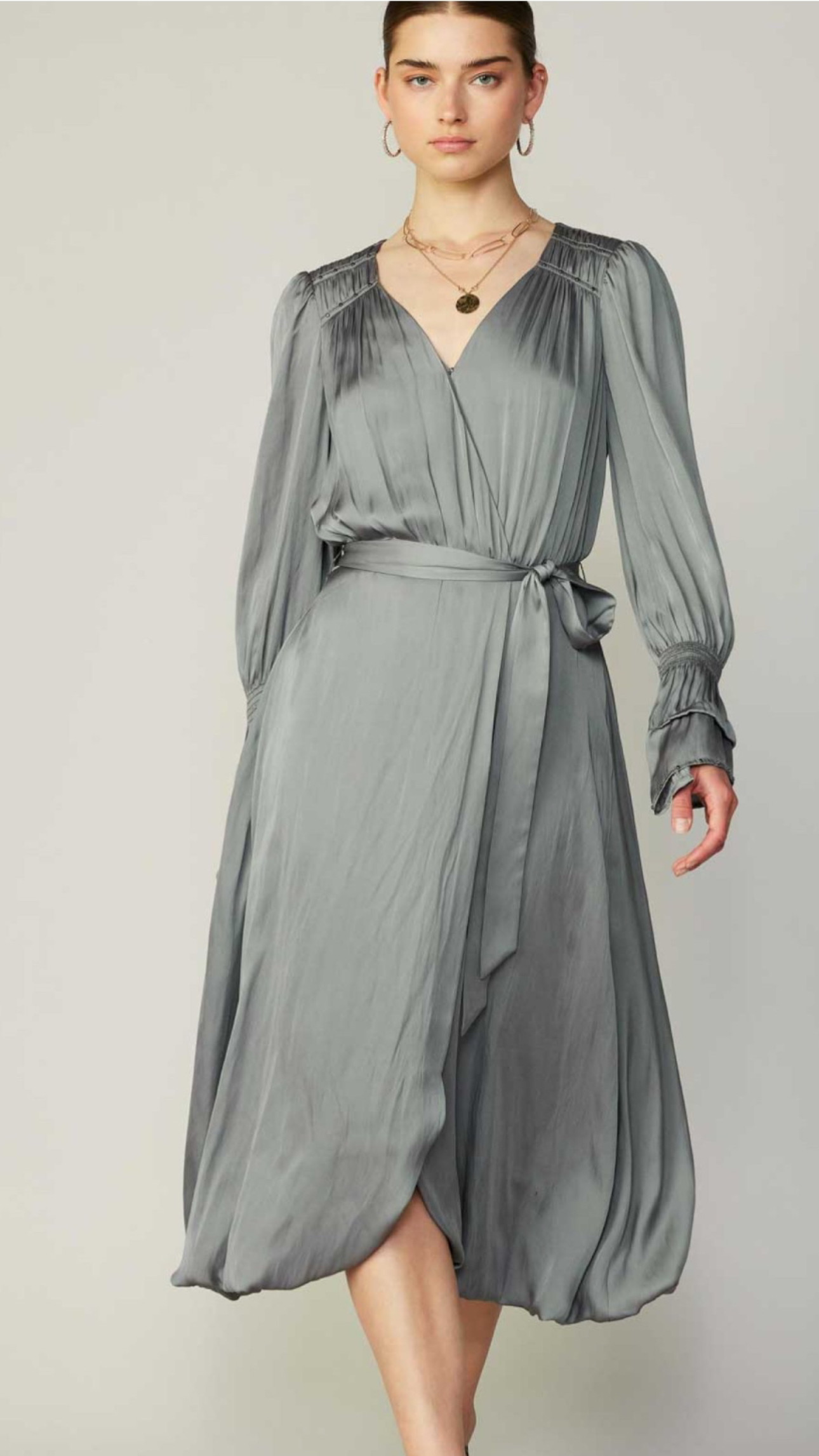 V-Neck Silky Wrap Midi Dress