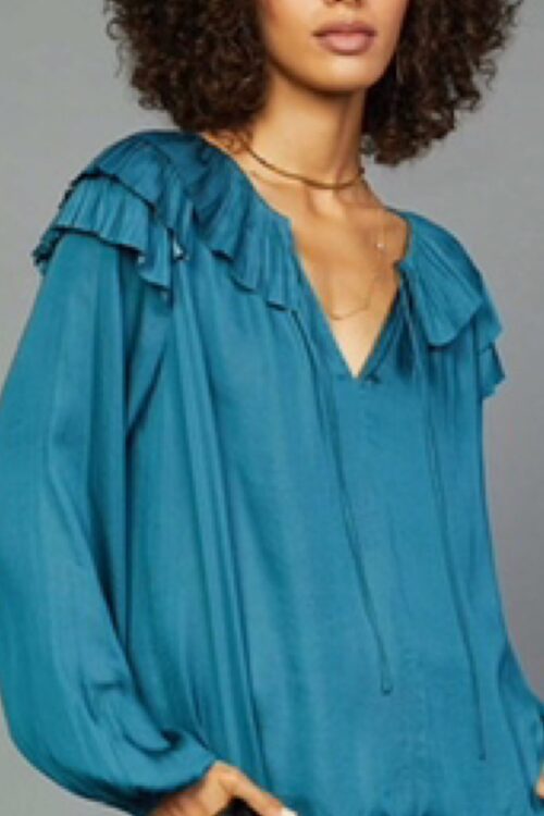 Long Sleeve Split Neck Blouse - Teal Blue