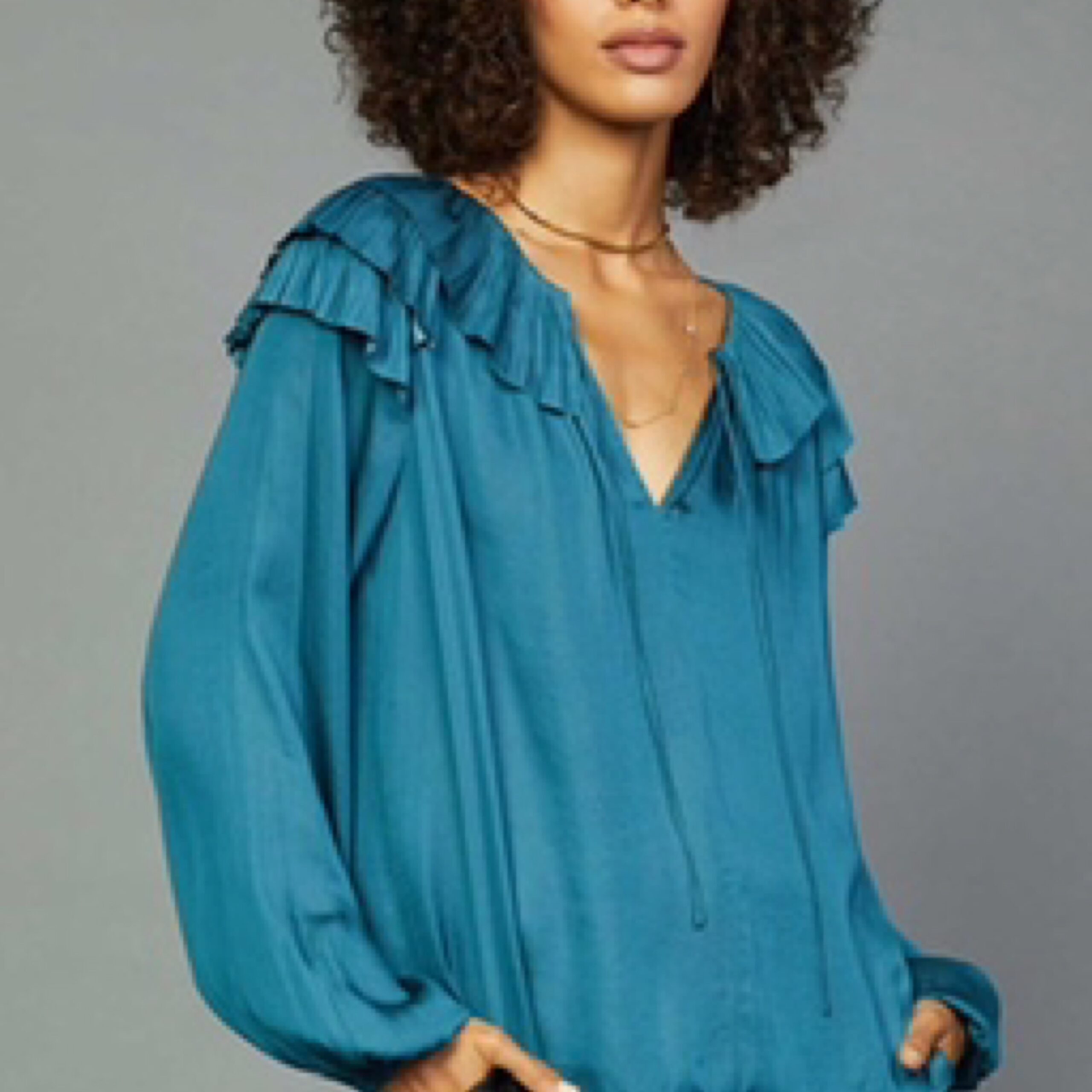 Long Sleeve Split Neck Blouse - Teal Blue
