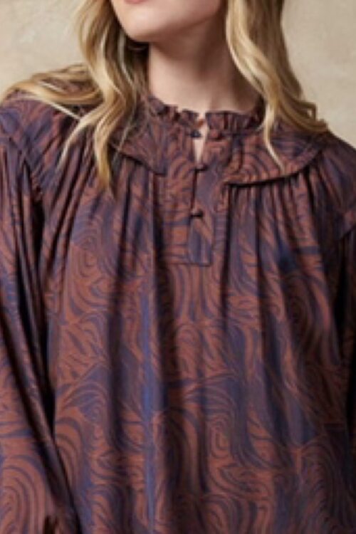 Long Sleeve Ruffled Split Neck - Teal & Purple Orange